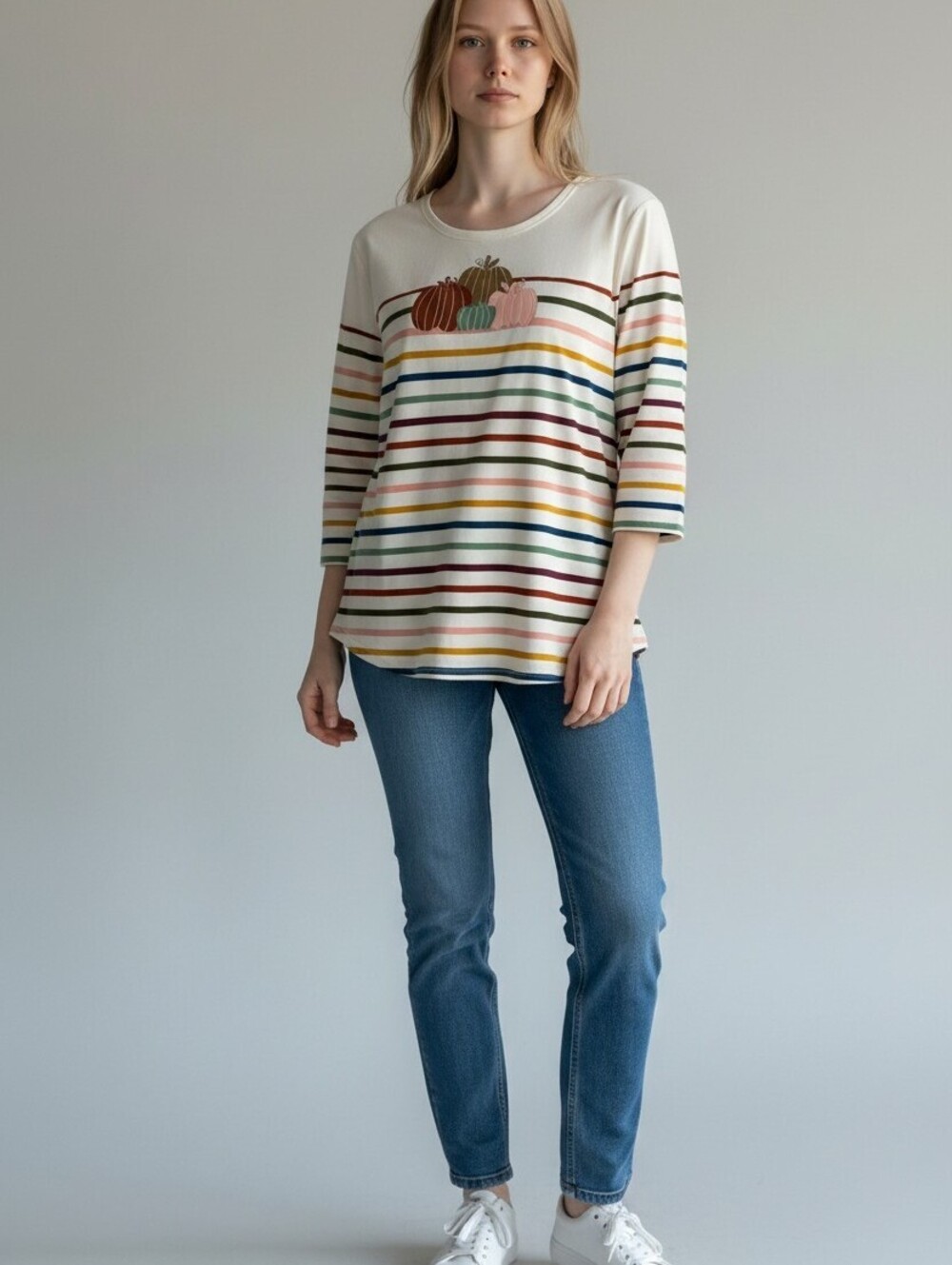 Kim Rogers Women’s Pumpkin Striped Top Fall Cottagecore Boho Autumn 3/4 Sleeve